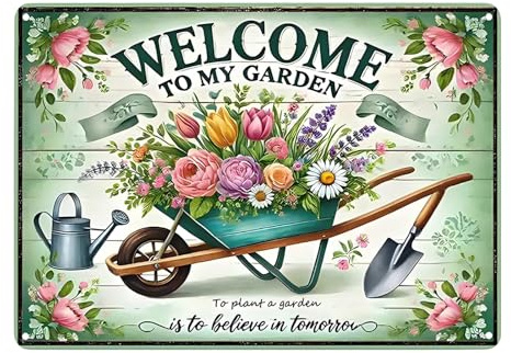 Garden Signs for Outside, Welcome to My Garden Metal Plaque Wall Art | Vintage Outdoor Hanging Iron Sign, Gardening Gift for Yard Patio Fence Decor, Garden Wall Art Outdoor
