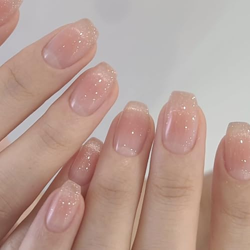 30pcs Short Coffin False Nails French Tip Cat Eye Press on Nails Shimmer Nude Pink Ombre Stick on Nail Removable Glue-on Fake Nail Art Accessories for Women