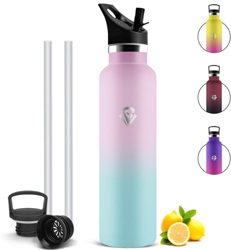 Mujigaga Gourde Isotherme, Anti Fuite Gourde 1l sans BPA, Bouteille Isotherme avec Paille, Bouteille d'eau en Acier Inoxydable pour Randonnée, École, Bureau