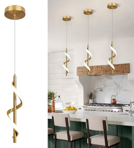 Battery operated minimalist hanging lamp with remote control,spiral pendant light with 6 RGB colors dimmable,wireless hanging lamp no hardwired install,for dining room,kitchen island.etc.(Gold)