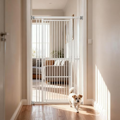 MoraRise 180 cm Extra Tall Pet Gate, Adjustable 70-107cm Cat Gate for Doorways, No-Drill Wide Gate with One-Hand Operation,White