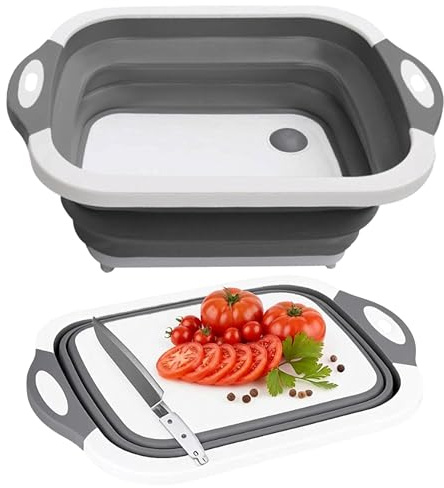 BritVibe Foldable Chopping Board, Collapsible Washing Up Bowl with Drain Plug – 3-in-1 Cutting Board, Wash Basin & Dish Tub – Portable Kitchen Tool for Camping, Caravan, Picnic & Outdoor Use (Grey)