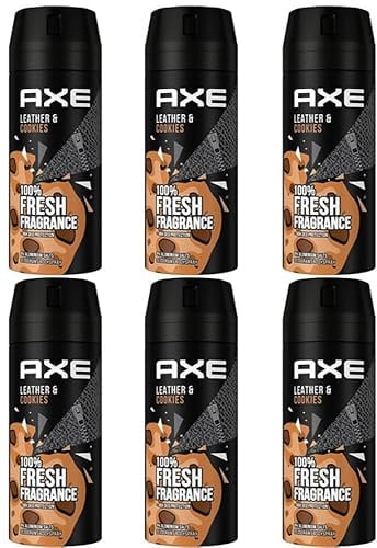 6x Axe Bodyspray Leather & Cookies 100% Fresh Fragrance 48H Fresh Deodorant Body Spray, ohne Aluminiumsalze Schutz gegen starkes Schwitzen und Körpergeruch 150ml (6er Pack)