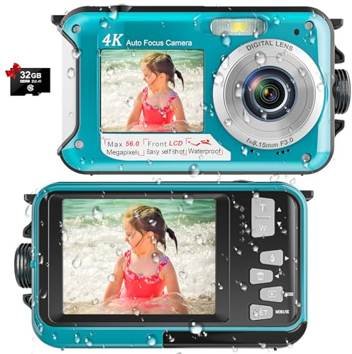 Macchina fotografica subacquea 4K, fotocamera impermeabile 16FT, doppio | Autofocus, design compatto galleggiante, scheda da 32 GB, batteria da 1250 mAh e porta di tipo C per selfie