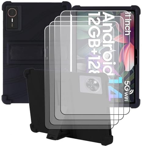 CongJiaLingXi Custodia per tablet Blackview Zeno 5 11.0 Pollici | 4 Pezzi Vetro Temperato Pellicola Protettiva,Antiurto Custodia con Supporto Silicone Morbido per Tablet Cover, Nero