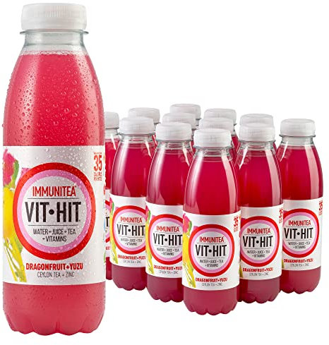 VIT HIT IMMUNITEA - 12 x Dragonfruit + Yuzu + Ceylon Tea | Vegan, Low Sugar, Low Calories, Vitamin Drink | 100% RDA of 8 Vitamins (500ml x 12 Bottles)