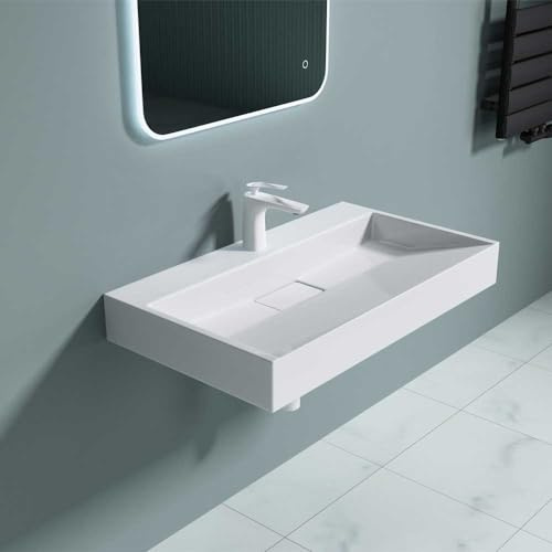 Durovin Bathrooms Luxurious Cast Stone Resin Bathroom Basin - Wall Hung Or Countertop Dual-Installation Basin Sink One Tap Hole - Concealed Waste - 800 x 460mm (WXD)