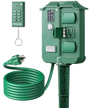DEWENWILS Outdoor Power Stake Timer Waterproof, 6 Grounded Outlets, 6FT Extension Cord, 100FT Wireless Remote Control, Photocell Dusk to Dawn Timer for Lights, Yard, Garden, UL Listed