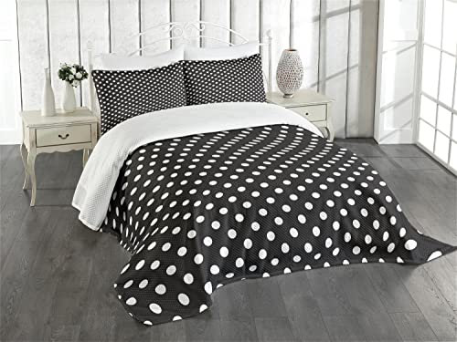 ABAKUHAUS Schwarz und weiß Tagesdecke Set, traditionelle Punkte, Set mit Kissenbezügen Waschbar, für Einzelbetten 170 x 220 cm, Grau Weiß