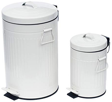 2PC Traditional Pedal Dustbin Set: 12L 12 Litre & 3L 3 Litre Duo Set - White - Vintage Style Indoor Metal Pedal Dustbin Set with Removable Inner Bucket.