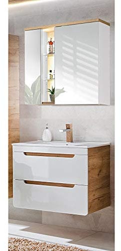 Lomadox Badmöbel Waschplatz Set mit 80cm Waschtisch-Unterschrank mit Keramik-Waschbecken & LED-Spiegelschrank