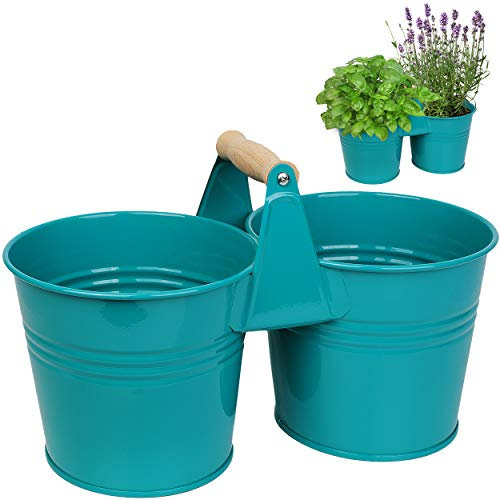 alles-meine.de GmbH doppelter 2er - Metall - Blumentopf/Pflanzkübel/Pflanzschale - mit Holzgriff/Henkel - türkis blau/Mint - 34 cm - RUND - frostsicher - MITTEL groß - Ei..