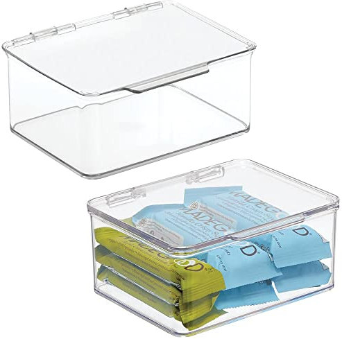 mDesign 2er-Set Küchen Organizer mit Deckel – Vorratsdosen für Küchenregal und Vorratskammer – stapelbarer Kühlschrank Organizer für Tee, Kaffee und Snacks aus Kunststoff – durchsichtig