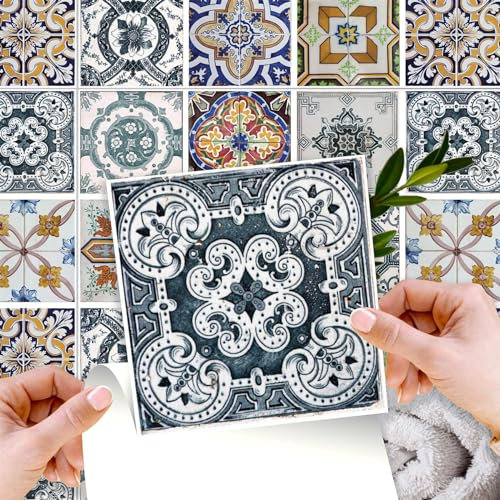 WALPLUS 72 Stück 15x15cm Korfu Farbenfroh Mediterran Mehrfarbig Wandfliesen Aufkleber Schälen und Kleben Backsplash Abziehbilder Startseite Dekore Aufkantung für Küche Badezimmer Kacheln Farbe auf