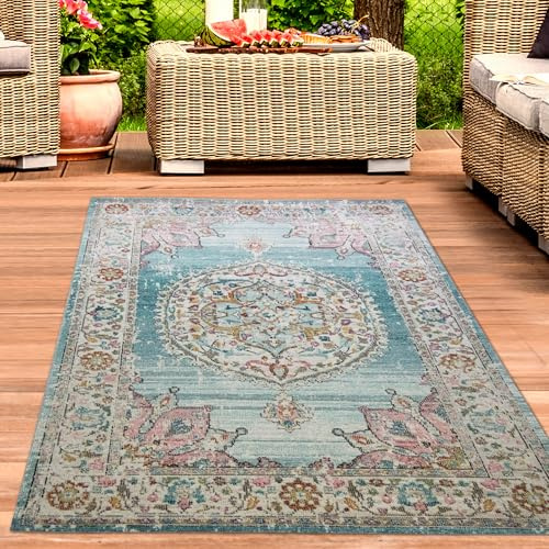 CARPETIA In- & Outdoor Teppich Florale Ornamente Blau Creme 240x340 cm | Pflegeleicht, strapazierfähig und saugrobotergeeignet, für geschützte Außenbereiche, Fußbodenheizung, Wohn- & Essräume