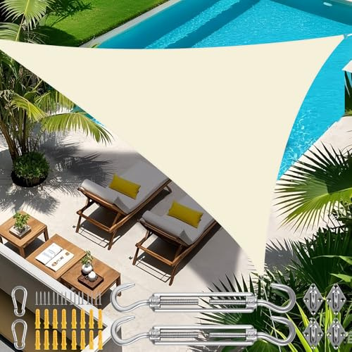 Sonnensegel inkl 24er Befestigung Kit,3.6x3.6x3.6m Wasserdichter Sonnenschutz Dreieck Sonnenschirm Außenüberdachung Garten Patio Pool Shades Segel Markise Camping Schatten (Beigeweiß)