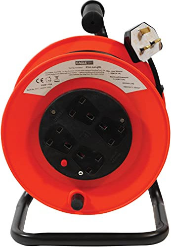 Netagon 4 Gang UK Plug 25M Cable Lead Garage & Home Red/Black Extension Reeler Real with Stand, Carry Handle and Reset Button