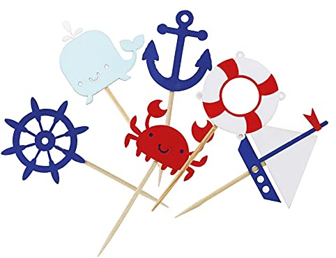 Confetti! 24 Pieces Nautical Cupcake Toppers for Ocean Sailing Theme Party Birthday Party Baby Shower Wedding Party Decorations (Sailboat, Whale, Crab, Anchor, Life Ring, Helm)