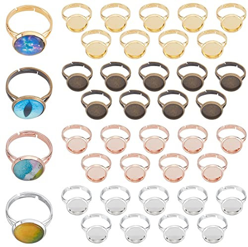 SUNNYCLUE 1 Box 40Stück 4 n Verstellbare Leere Ringe 12 mm Flache Runde Cabochon Ringfassungen Lünette Tablett Metallrohlinge Pad Ringzubehör Ringbasen Für Die DIY Ohrringschmuckherstellung Gemischte