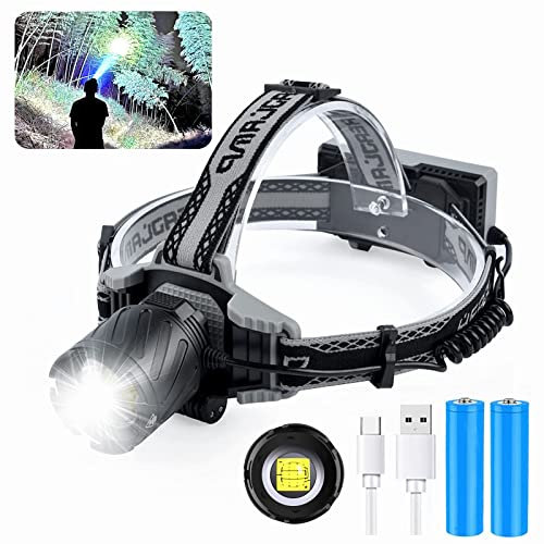 MUGUOY Wiederaufladbar 100000 Lumen Led Stirnlampe, Extrem Hell Xhp 99 Kopflampe Stirnlampe, 4 Modi Zoombare Wasserfeste Stirnlampe,Mit Rot Blau Licht, Digitaler Leistungsanzeige(Inklusive Batterie)