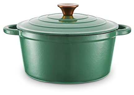 Barbary & Oak BO800251GRN Round Cast Iron Casserole Pan with Durable Enamel Interior, 24cm, Verdigris Green