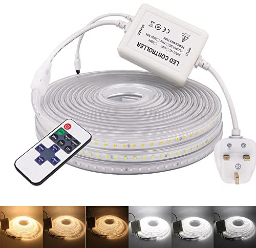 Wisada 15M Ruban LED Blanc Chaud Dimmable 220 V Flexible Ruban à LED 120 LEDs 2835SMD,Bande LED Imperméable Réglable via Variateur pour Miroir Dressing, Escalier, Chambre, Cuisine (2 mètres, Blanc)