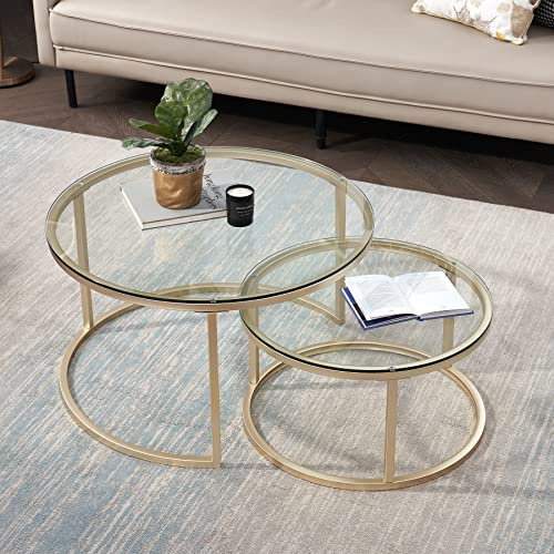 BenyLed Couchtisch Rund 2er Set, Glastisch mit Goldem Metallrahmen; Satztische Beistelltisch fürs Wohnzimmer, Schlafzimmer, Balkon,Transparent, Großer Tisch: 80*80*45 cm; Kleiner Tisch: 60*60*35cm