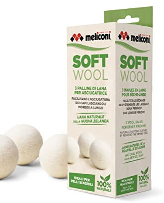 Meliconi Soft Wool-Palline asciugatrice, facilitano l'asciugatura dei Capi lasciandoli Morbidi a Lungo. Lana 100% Naturale. 3 pz, Bianco, Ø ca 7 cm