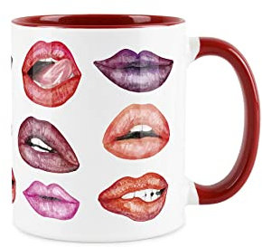Lips Mug - Lipstick Mouth White and Red Smiles - Pink, Purple Kiss Gift Teeth Tongue Smile Secret Santa
