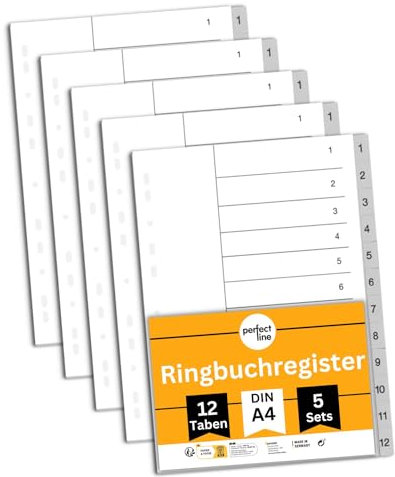 perfect line Ordner-Register DIN-A4 aus Kunststoff (PP), 12 Taben (12-teilig), 5er Set, Grau, Trennblätter für Akten-Ordner, recycelbar, MADE IN GERMANY
