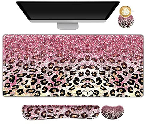 ARTSO Erweitertes Gaming Mauspad Set, Tastatur Handgelenkauflage Unterstützung Pad + Handgelenkkissen + XXL Großes Mauspad + Untersetzer, Memory Foam Schreibtischmatte, Rosa Leopard Print