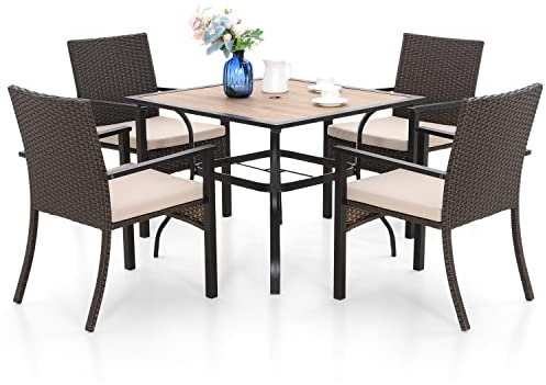 MFSTUDIO Rattan Gartenmöbel Set, Terassenmöbel Wetterfest, Sitzgruppe Metall Gartentisch mit Stühlen, Polyrattan Garten Möbel, 4cm Schirmloch