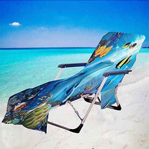 Surwin Sun Lounger Beach Towel with Pockets, 3D Ocean Dolphin Print Beach Chair Cover Chaise Lounge Towel Cover Mate Sunbed Towels For Summer Holiday Garden Outdoor Pool (75x210cm,Sea Turtle)