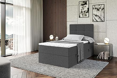 ALTDECOR Boxspringbett mit Matratze und Lattenrost, Boxbett, Topper, Polsterbett mit Bettkasten, Bett mit Stauraum H3-Matratze, Doppelbett, Springboxbett - Marce - Rechts Öffnung,90x200 - Dunkelgrau