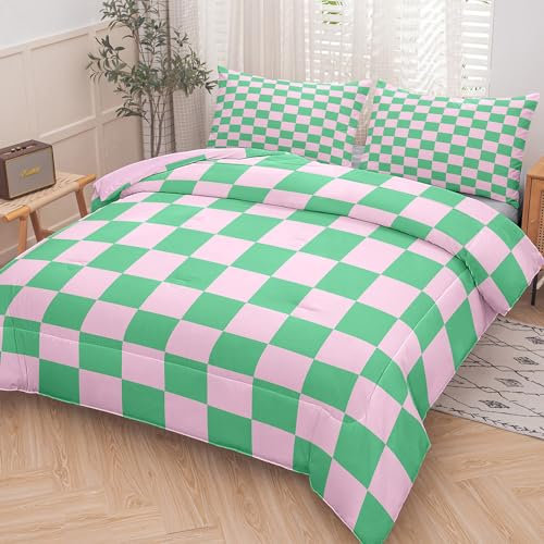 Tailor Shop Grünes rosa kariertes Steppdecken-Set, für Damen und Herren, grünes Schachbrettmuster, für Jungen und Mädchen, modernes Gras, kariert, geometrische Steppdecken, ästhetische Raumdekoration