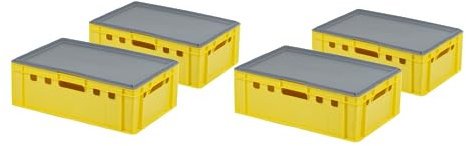 4 Stück E2 Kiste mit grauem Deckel 600 x 400 x 200 mm Fleischkiste Lagerkiste Metzgerkiste in Gelb