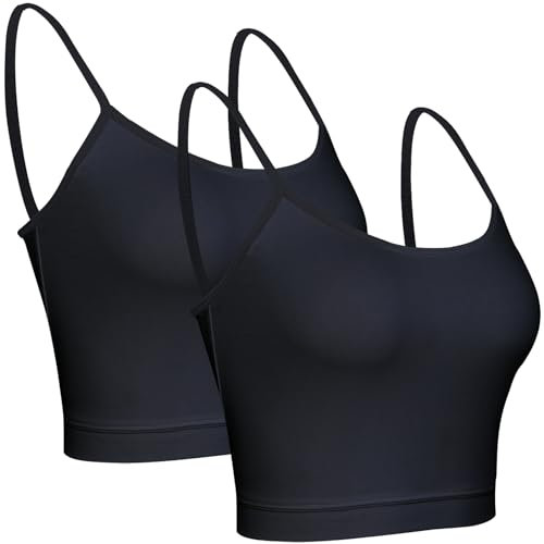 BQTQ 2 Pieces Camisole Top Spaghetti Strap Cotton Crop Tank Tops for Women Girls, Black, M