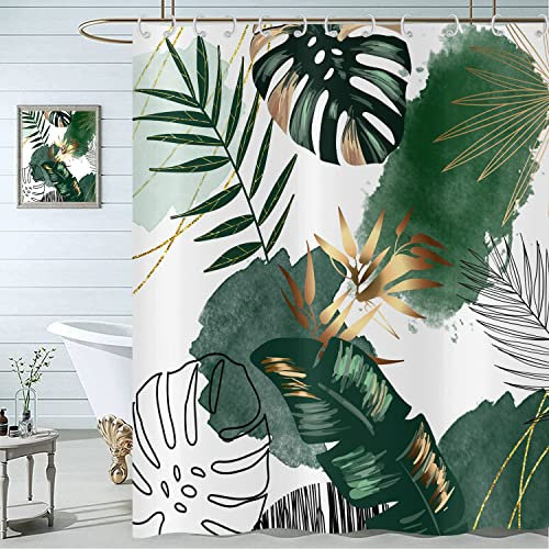 Hnmdmyi Duschvorhang Boho 120x200, Abstrakte Grüne Tropische Blätter Badewanne Vorhang Mid Century Modern Geometrisch Minimalistisch Ästhetisch Kunst Wasserdicht Polyester Stoff Waschbar Badevorhang
