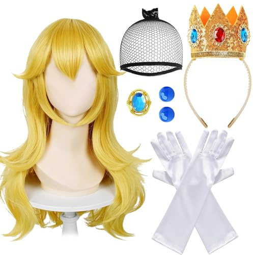 TZQFROCE Perücke Prinzessin Damen Mädchen Princess Peach Cosplay Perücke Prinzessin Kostüme Set Princess Costume Accessories Prinzessin Peach Zubehör für Mädchen 2-9 Jahre Dekoration Tanzpartys