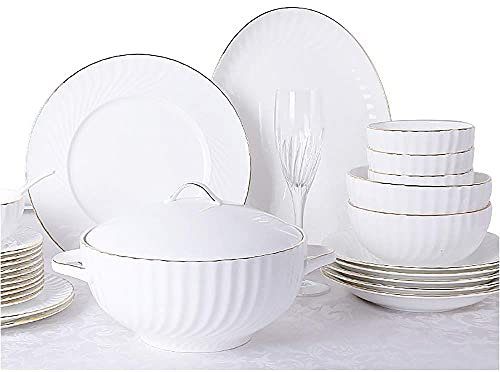 Juego de vajilla de porcelana de 56 piezas, porcelana blanca redonda, cocina, hogar, cuencos finos duraderos, platos, platos con borde dorado, servicio para 10