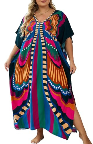 Bsubseach Badkläder för kvinnor täcker maxi plus size kaftan strandskydd, Fjäril, One Size