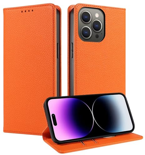 FMPCUON For iPhone 14 Pro, Card Slot Cover Magnetic Closure [Kickstand] Full Protection Premium Leather Flip cover Case Compatible with iPhone 14 Pro Phone Cover, Orange