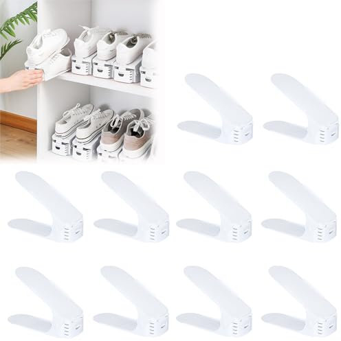 JNGLGO 10 Stück Einstellbar Schuhregale PP Weiß Schuhstapler Schuhaufbewahrung Platzsparend Doppelschicht Schuhorganizer rutschfest Schuhschrank【10 Stück - Weiß】
