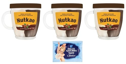 3er-Pack Nutkao Crema Bicolore Cacao,Nocciole e Vaniglia,Streichfähige Creme Kakao mit Haselnüssen und Vanille, 330g-Glas + 1er-Pack Kostenlos Felce Azzurra Talkumpuder, 100g-Beutel