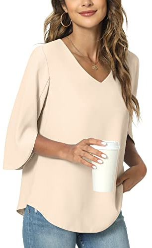 TAOHUADAO Womens Casual V-Neck Loose Tunic Top for Leggings 3/4 Sleeve Chiffon Blouse Shirt Tops Medium, Khaki