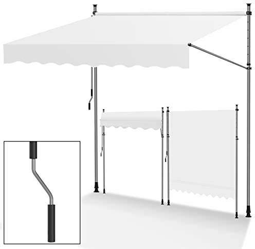 Tubiaz Toldo para balcón sin taladrar, 250 cm de ancho con manivela, altura regulable, resistente a los rayos UV e impermeable, toldo para terraza, balcón, color blanco leche