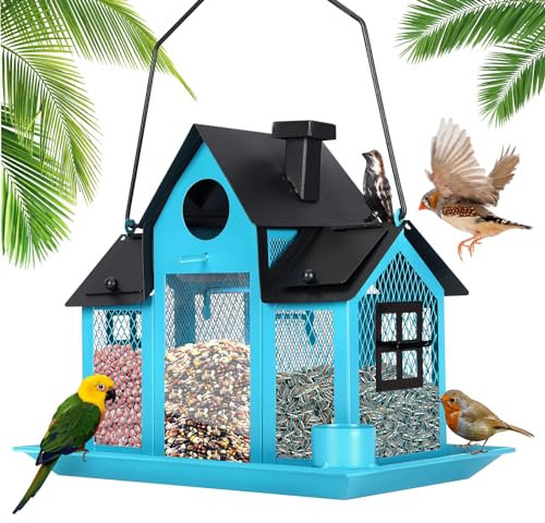 YADOOLIFE Eichhörnchensicheres Vogelfutterhaus zum Aufhängen im Freien, Solar Wildvogel-Futterstation für draußen, große Kapazität, Kardinal-Vogelfutterhaus, Vogelfutterstation, Metall, Blau