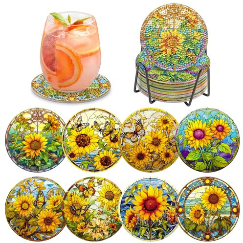 MOGTAA Peinture Diamant Dessous de Verre Papillon, 8PCS Kit Diamond Painting Fleurs, DIY Paysage De Soleil sous-Verres Art de Diamant avec Support, Kits de Peinture Diamant pour Adulte Enfants