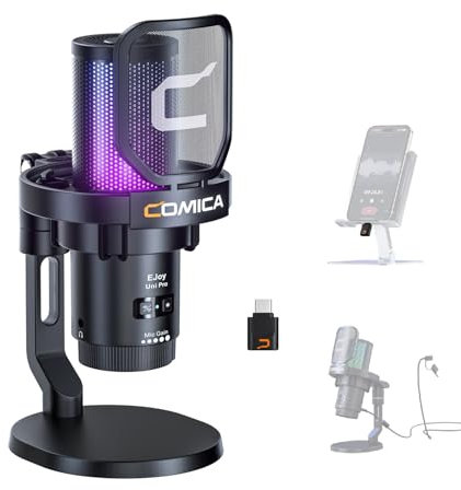 comica Ejoy Uni PRO(D) USB Wireless Microphone with Noise Cancellation, RGB Lights, Monitoring, Muting, Gaming Mic for Computer, PC, PS5, PS4,Phone, Streaming, Podcast,YouTube(Desk Mic Stand)