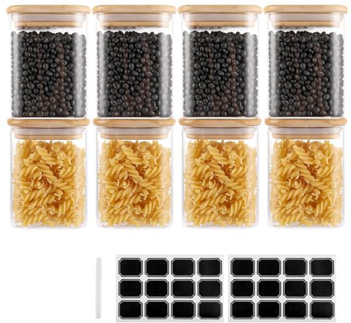 SHEUSS 8 Stück 500ml Vorratsdosen Glas Set, Gewürzgläser Eckig Holzdeckel, Vorratsgläser Glasbehälter mit Deckel Klein, Stapelbare Gewürzdosen Aufbewahrungsgläser Küche für Kräuter, Müsli, Gewürze